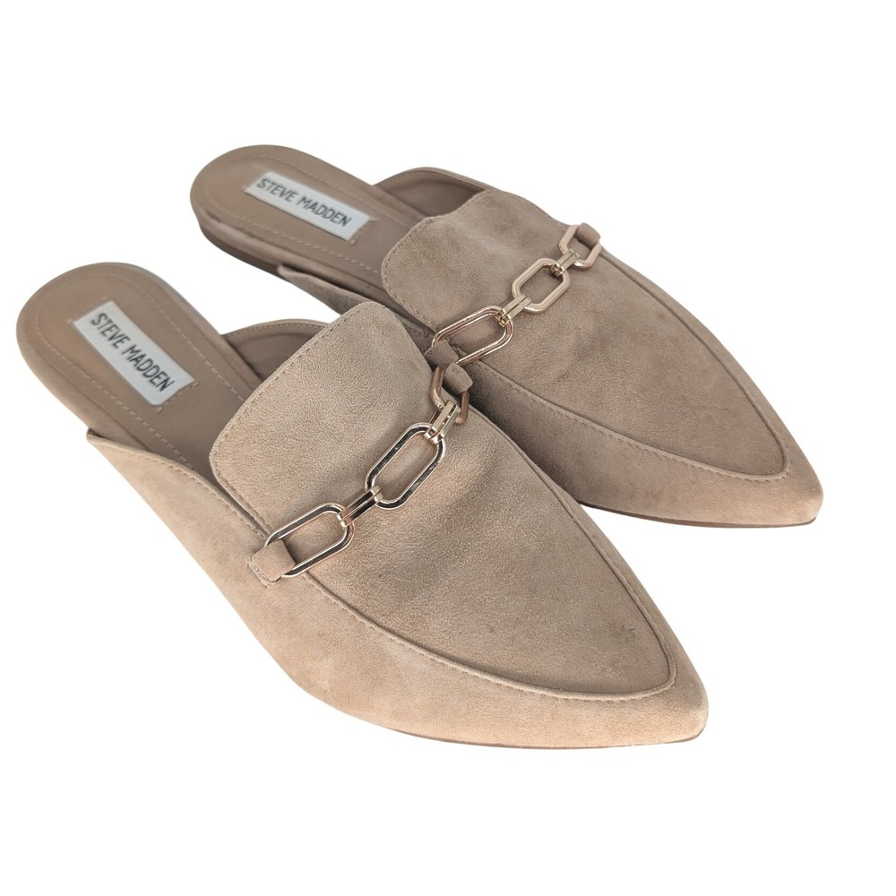 Steve Madden Faraway Mules Women 9 Tan Suede Gold Chain Pointed Toe Preppy Flat